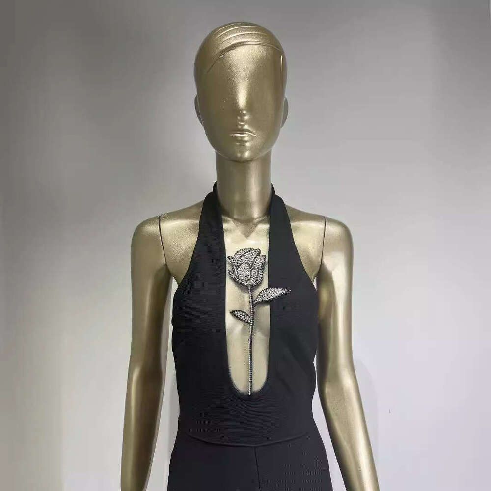 Wide Leg Jumpsuit New Bandage Fashionable Neck Hanging Deep V Dia Rose Tight Jumpsuit Party Dress