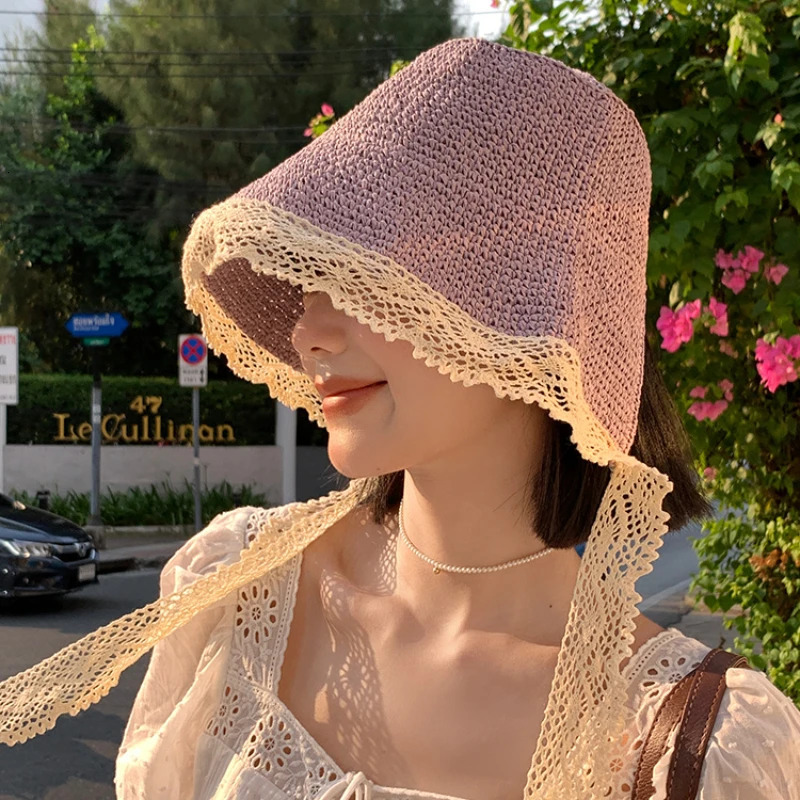 Ins Gentle Purple Lace Strap Straw Hats for Women Summer Travel Versatile Japanese Retro Fresh Sun Protection Beach Bucket Caps 250516