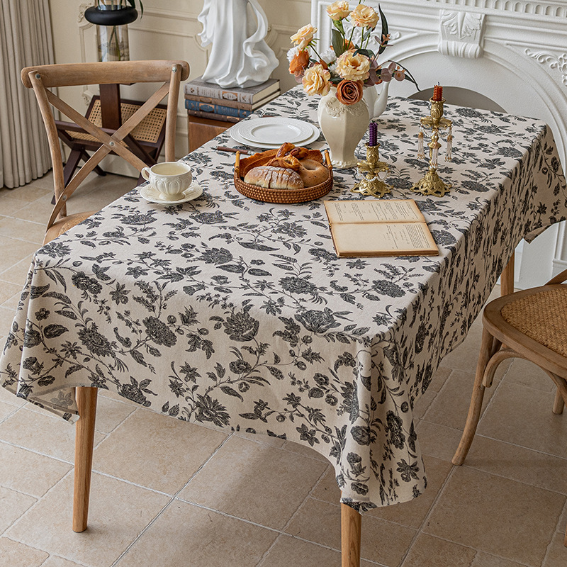 B399 cotton and linen Nordic style blue floral tablecloth dormitory rectangular cover cloth retro pastoral table cloth photo background cloth