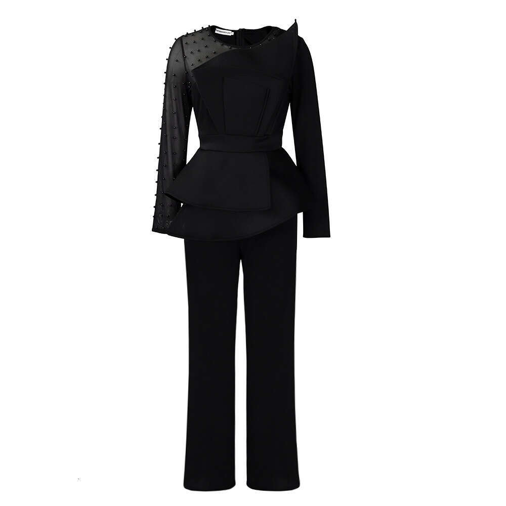 Wide Leg Jumpsuit Women S New Fashion Patchwork Mesh Studded Waist Slimming Oversized Jumpsuit