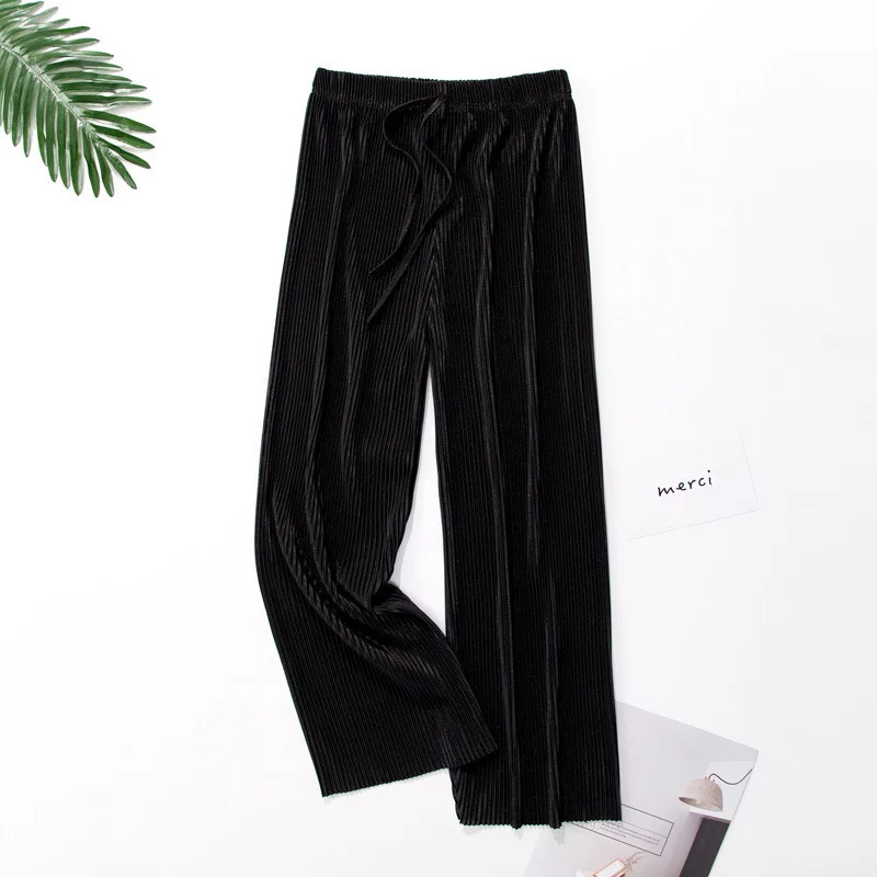 Women Fashion Summer Wide Leg Pants Pleated Ice Silk Trousers Elastic Waist Loose Casual Pant 250517