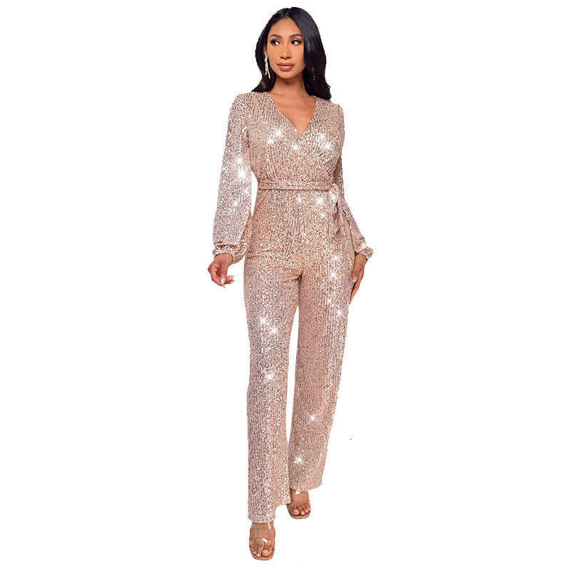 Wide Leg Jumpsuit OEM Women S Long Sleeved Sequined With Fashionable Waistband And Wide Leg Jumpsuit For Women