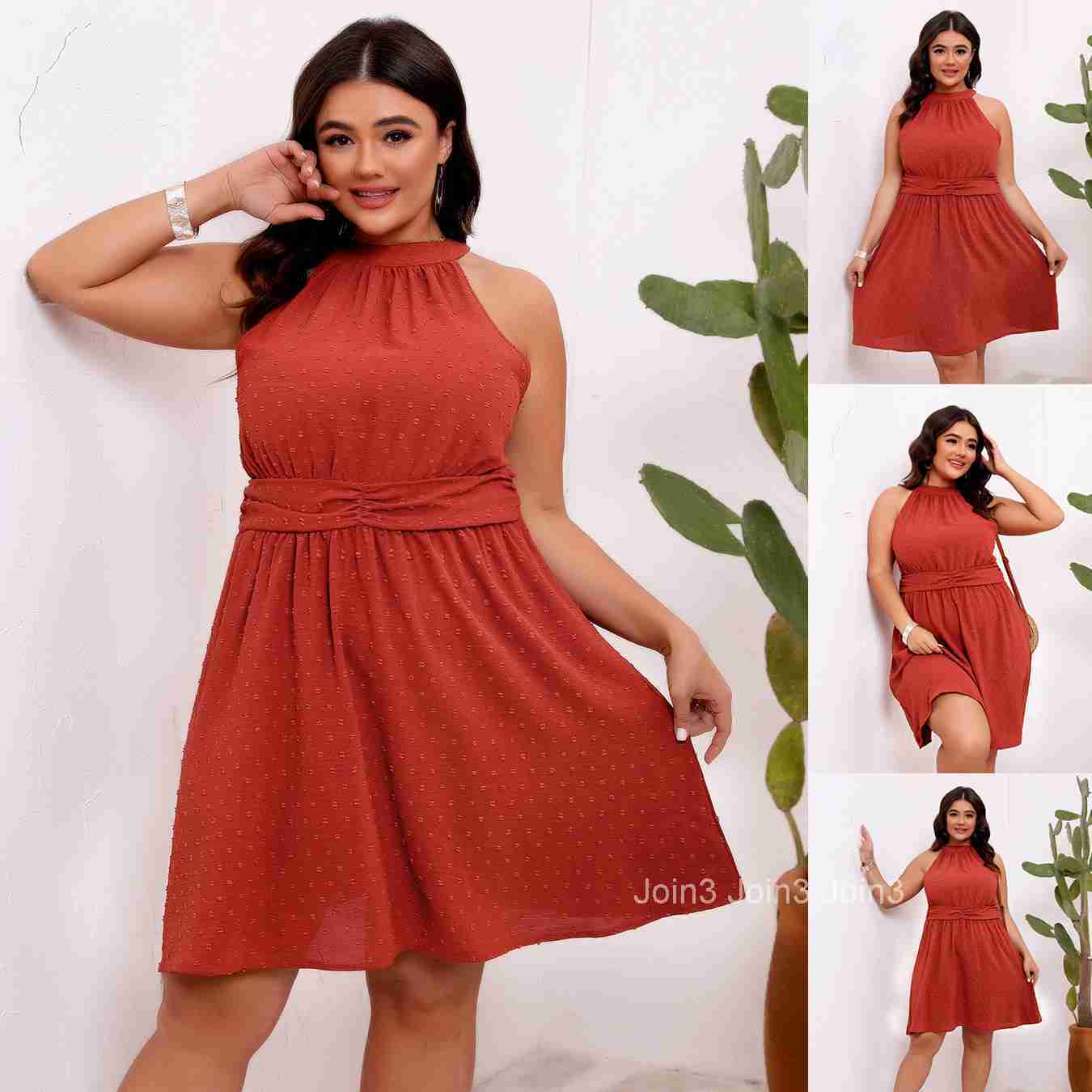 2025 Summer New Womens Large Half High Neck Hanging Neck and Waist Jacquard Solid Color Jumpsuit