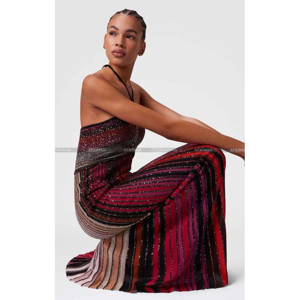 Women Metallic Sequined Striped Halter Neck Sleeveless Maxi Long Dress