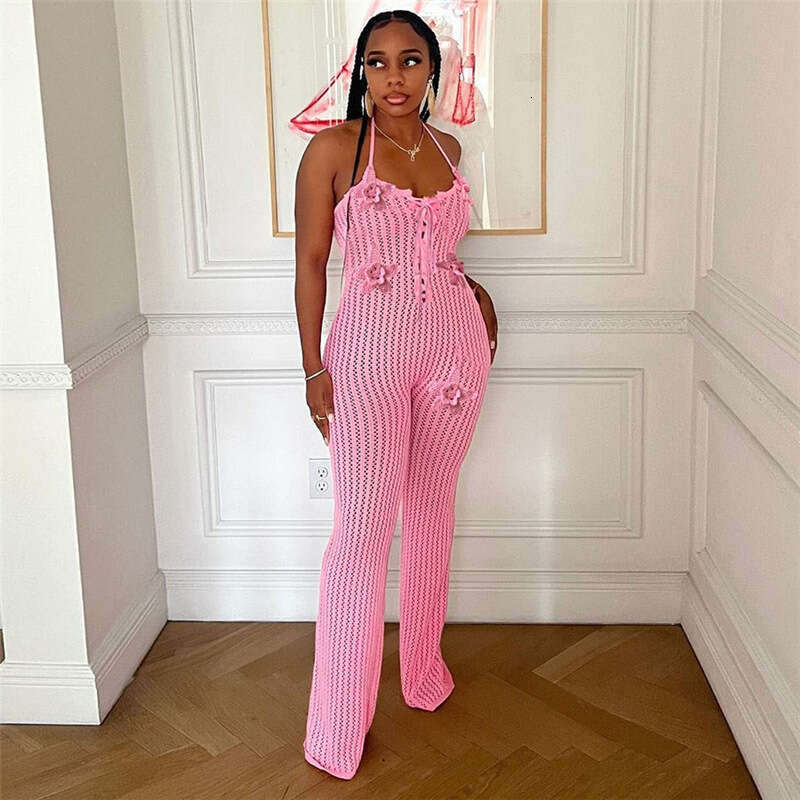 Wide Leg Jumpsuit Spring New Women S Sexy Hollow Perspective High Waist Bareback Hanging Neck Knitted Jumpsuit