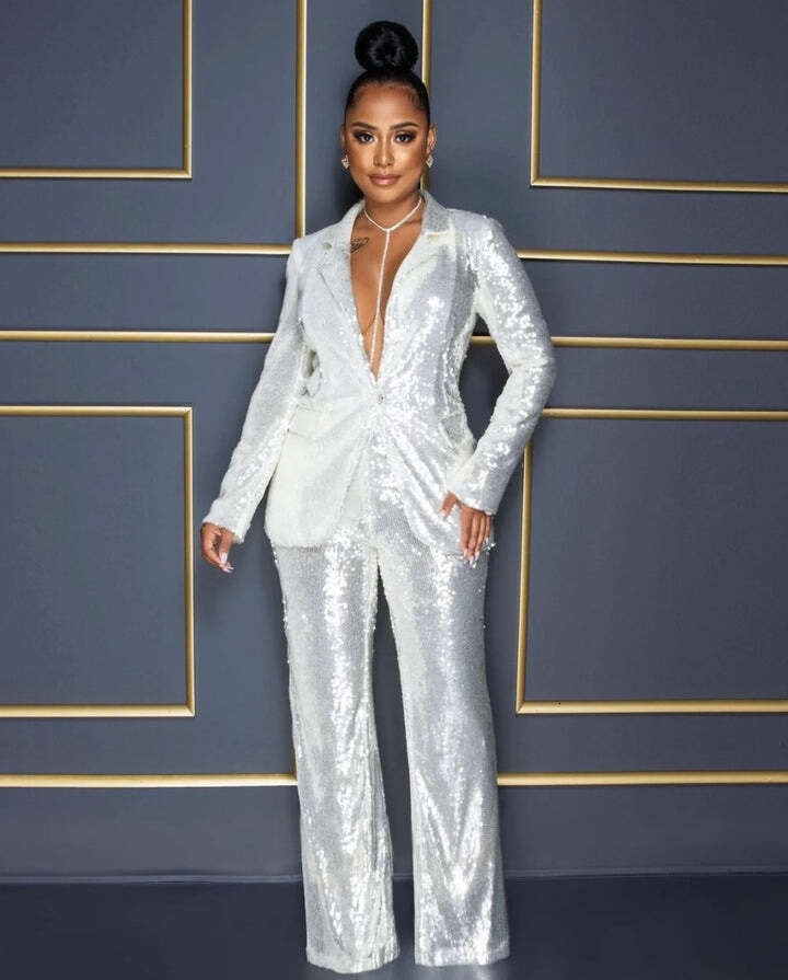 Wide Leg Jumpsuit Summer New Women S Long Sleeved V Neck Sequined Jumpsuit Two Piece Set
