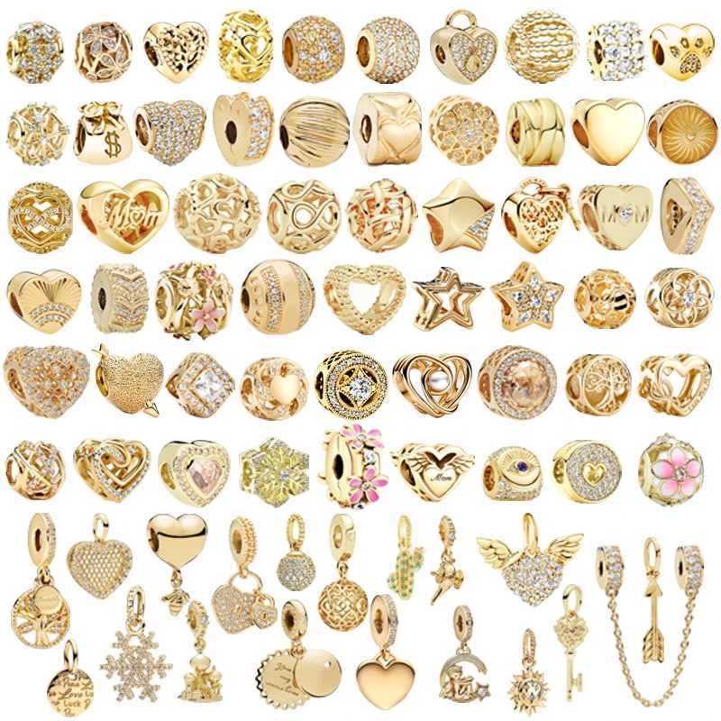 New Fine Sparkling Gold Family Pendant HeartShed Charm Beads Fit Original European 925 Silver Bracelet DIY Women Jewelry GiftsXJ250517