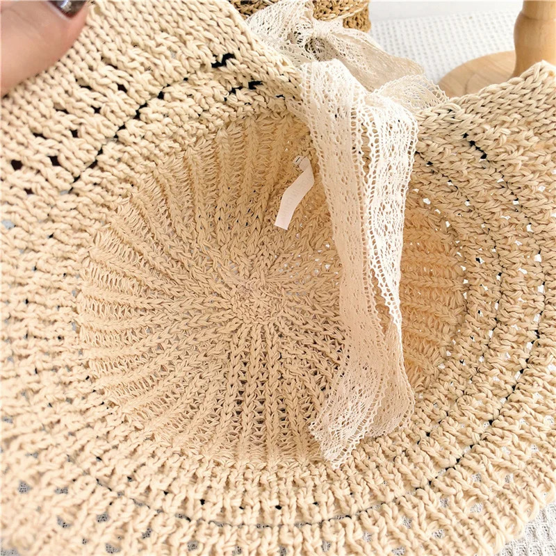 Summer Hats Women Straw Hat Lace knot fisherman cap Bucket Hat Anti-UV Sunscreen Hat Folding Hollow Visor Cap Gift Sun Hat 250516