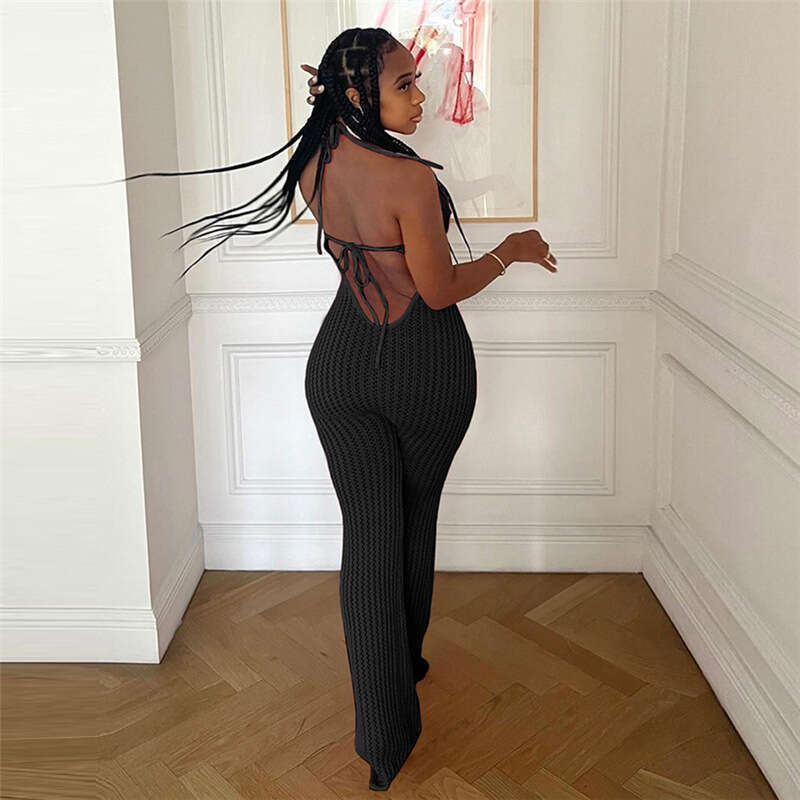 Wide Leg Jumpsuit Wind Spring New Women S Sexy Spicy Girl Hanging Neck Bareback Slim Fit Micro Lashing Woolen Jumpsuit
