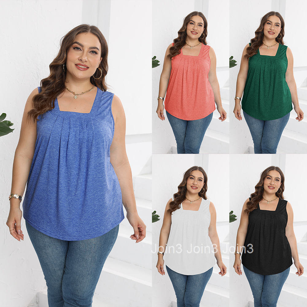 Summer New Solid Pleated Square Neck Loose T-shirt Tank Top Women
