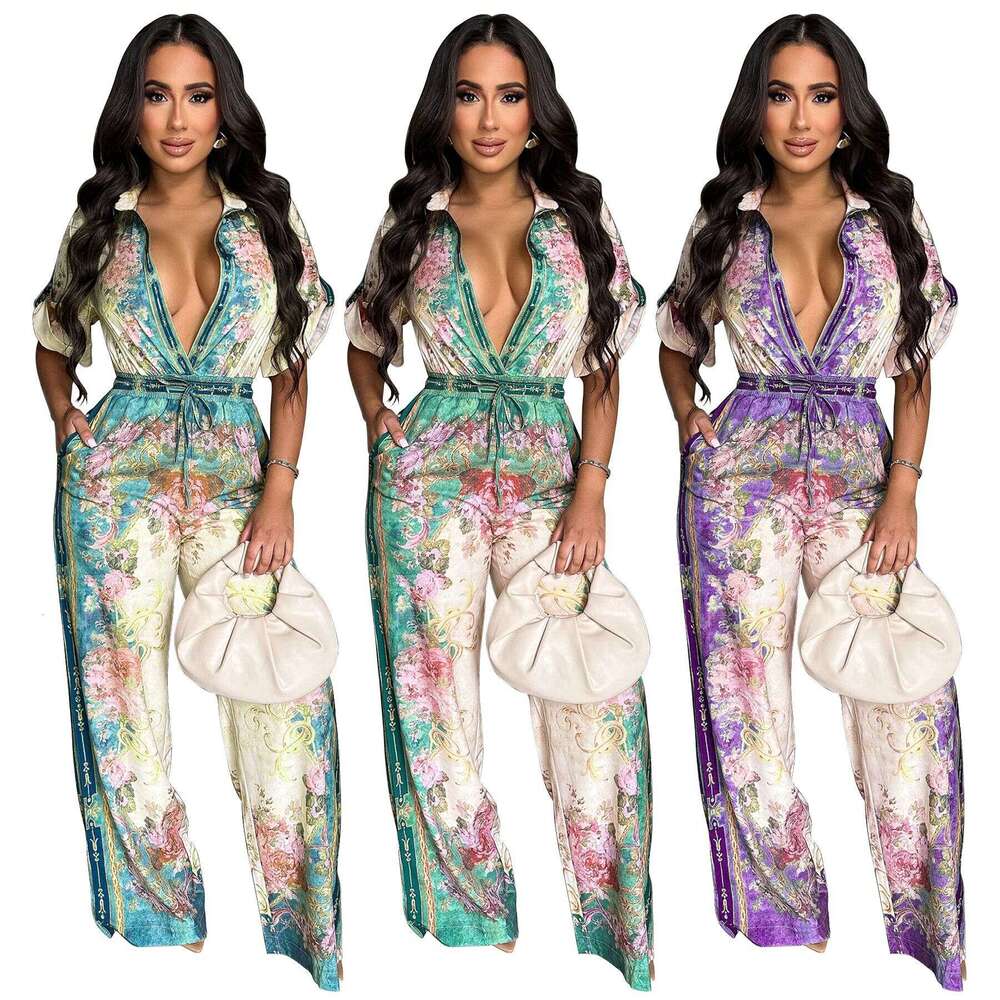 Wide Leg Jumpsuit Women S New Sexy V Neck Printed Jumpsuit For Women