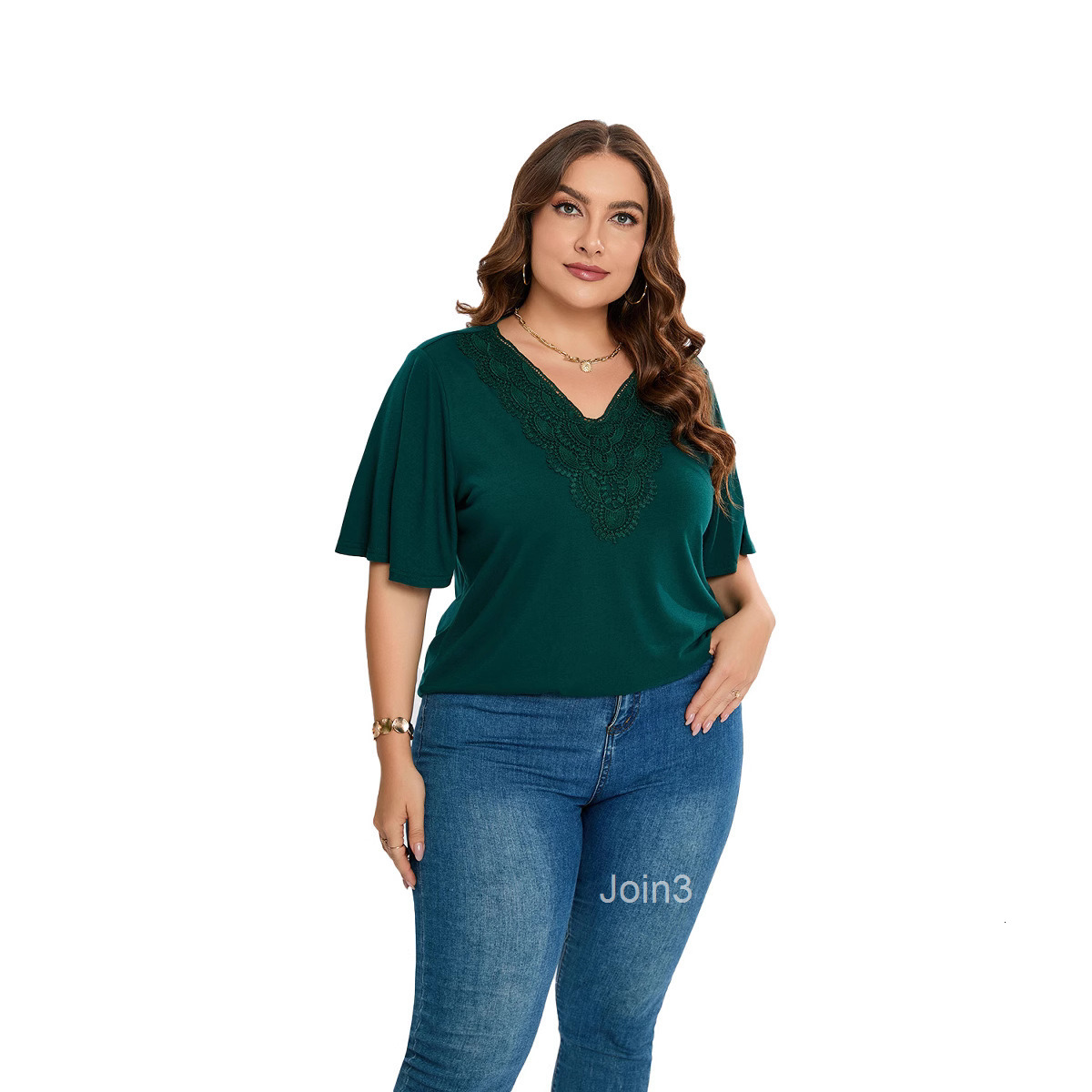Womens Flare Sleeves Short Sleeve T-shirt Lace Panel Top Large Womens Wear