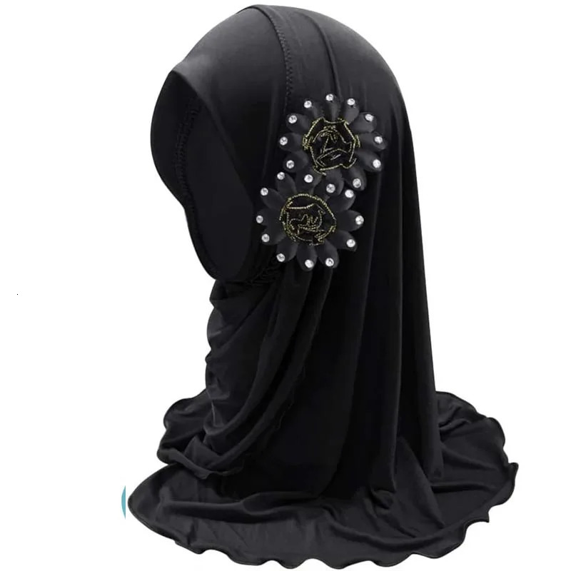 Muslim Hijab Floral Lace Head Scarf Islamic Arab Shawls Wrap with Flowers Rhinestones for Girls 250517