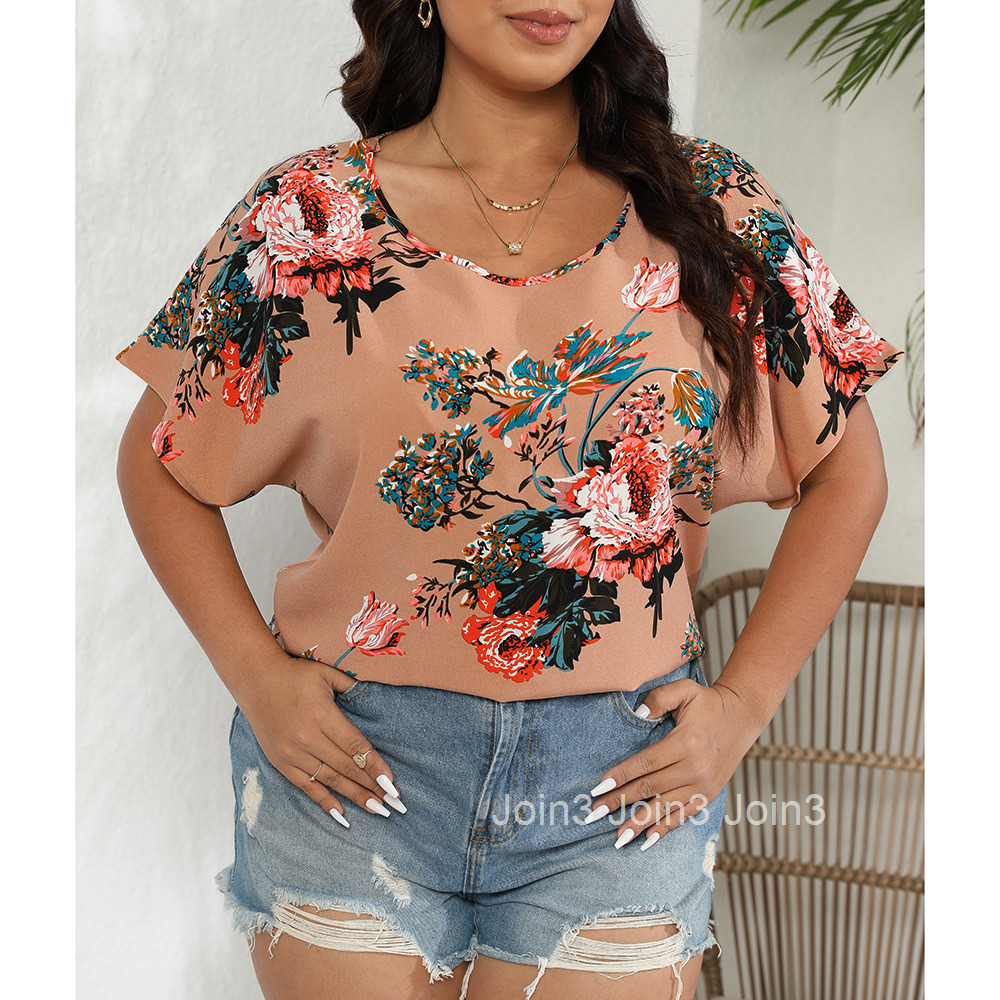 Flower Print Plus Round Neck Short Sleeved Chiffon Shirt