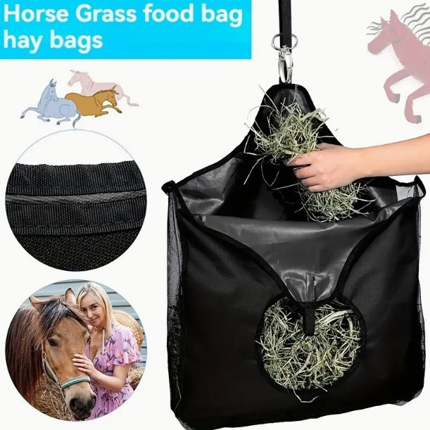 Slow Feed Hay Net Hay Feeder Hay Bags for Horses Goat Stall Trailer Horse Feeding Supplies Adjustable Travel Feeder Large Capacity Feeding Bag (Black)