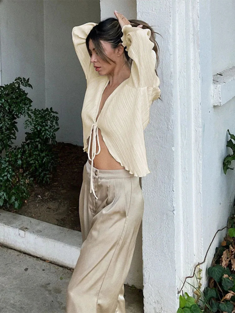 2025 Women Pleated Plain Shirts Spring Fall Chic Long Flare Sleeve V- Neck Tie Up Cardigans Tops for Casual Party Street 250517