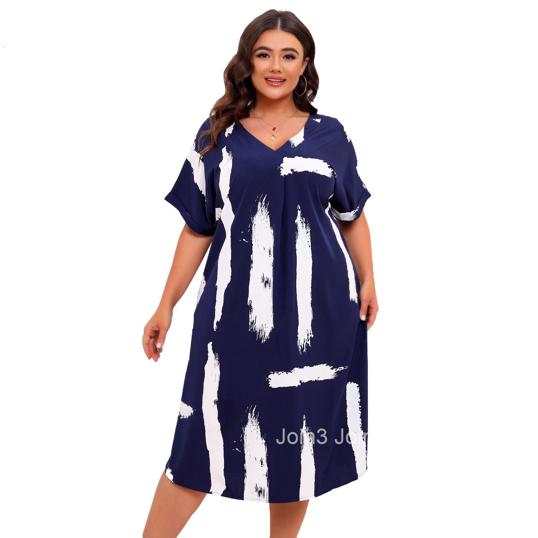 Large Size Womens Long Skirt V-neck Short Sleeved Printed Loose Dress