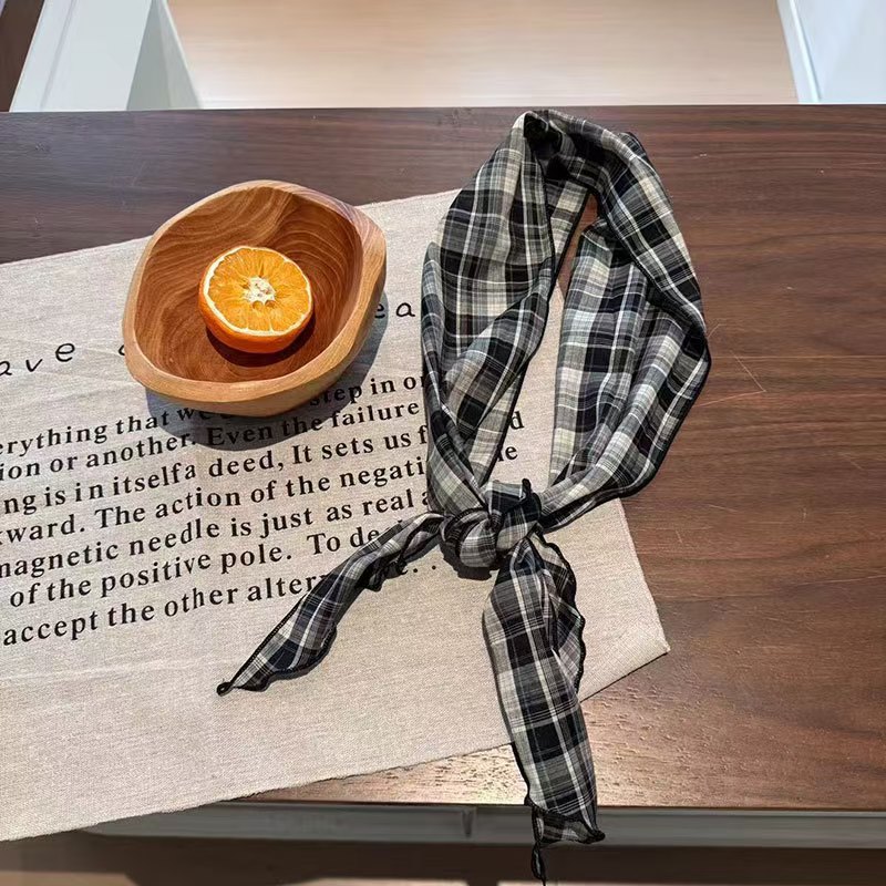 T735 Spring and Autumn Retro Art Plaid Small Scarf Maillard Cotton Japanese Scarf Versatile Neck Scarf