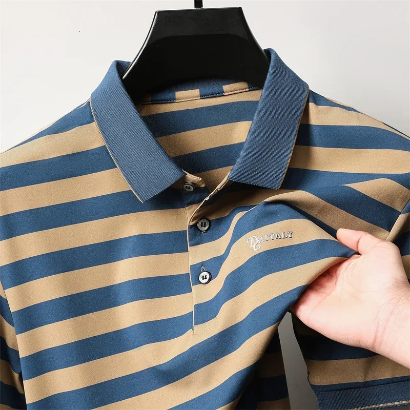 Personalized striped color mens short sleeved polo shirt fashion Exquisite embossed summer casual collar Tshirt 250506Z