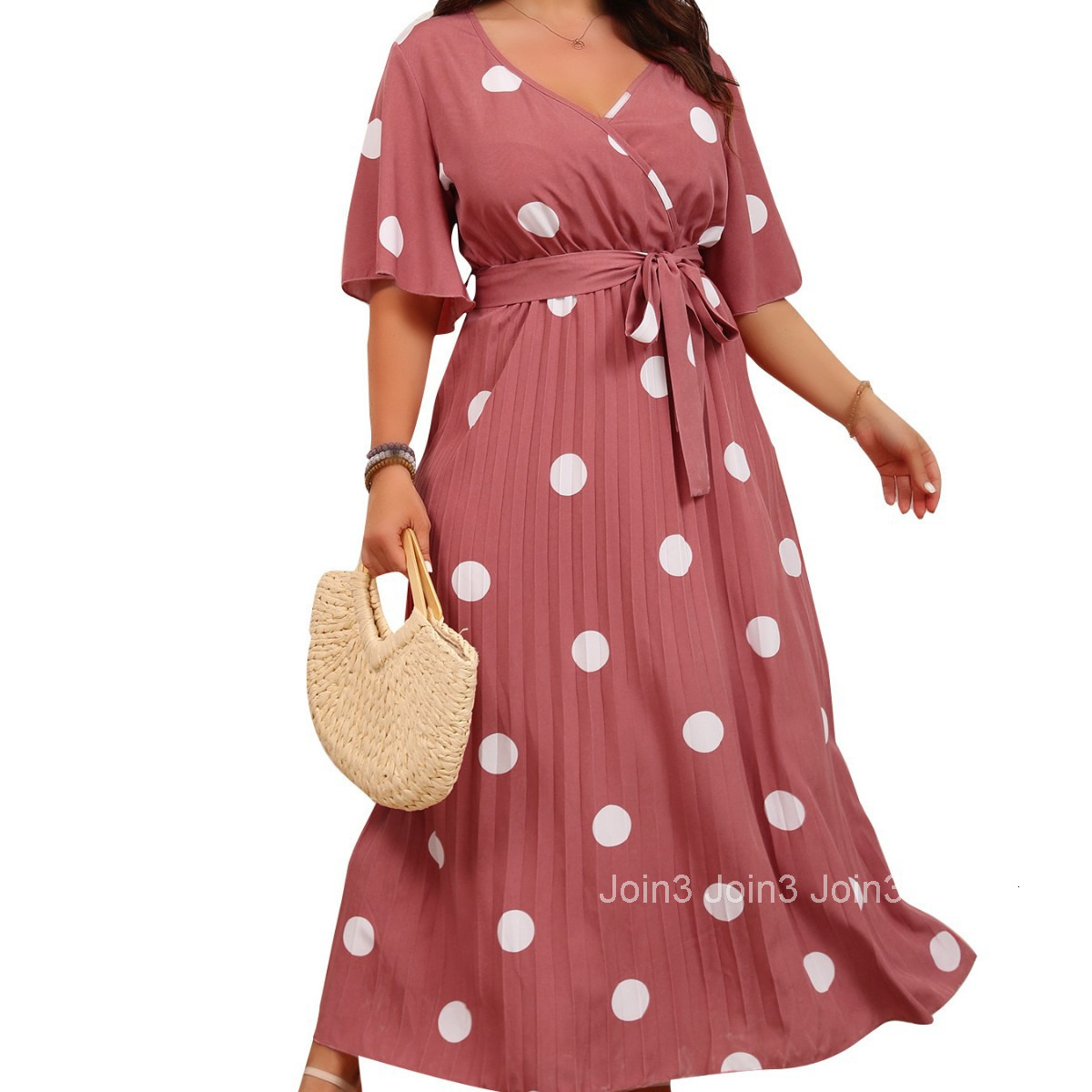 Fashionable Large Polka Dot Print V-neck Lace Up Pleated Long Dress
