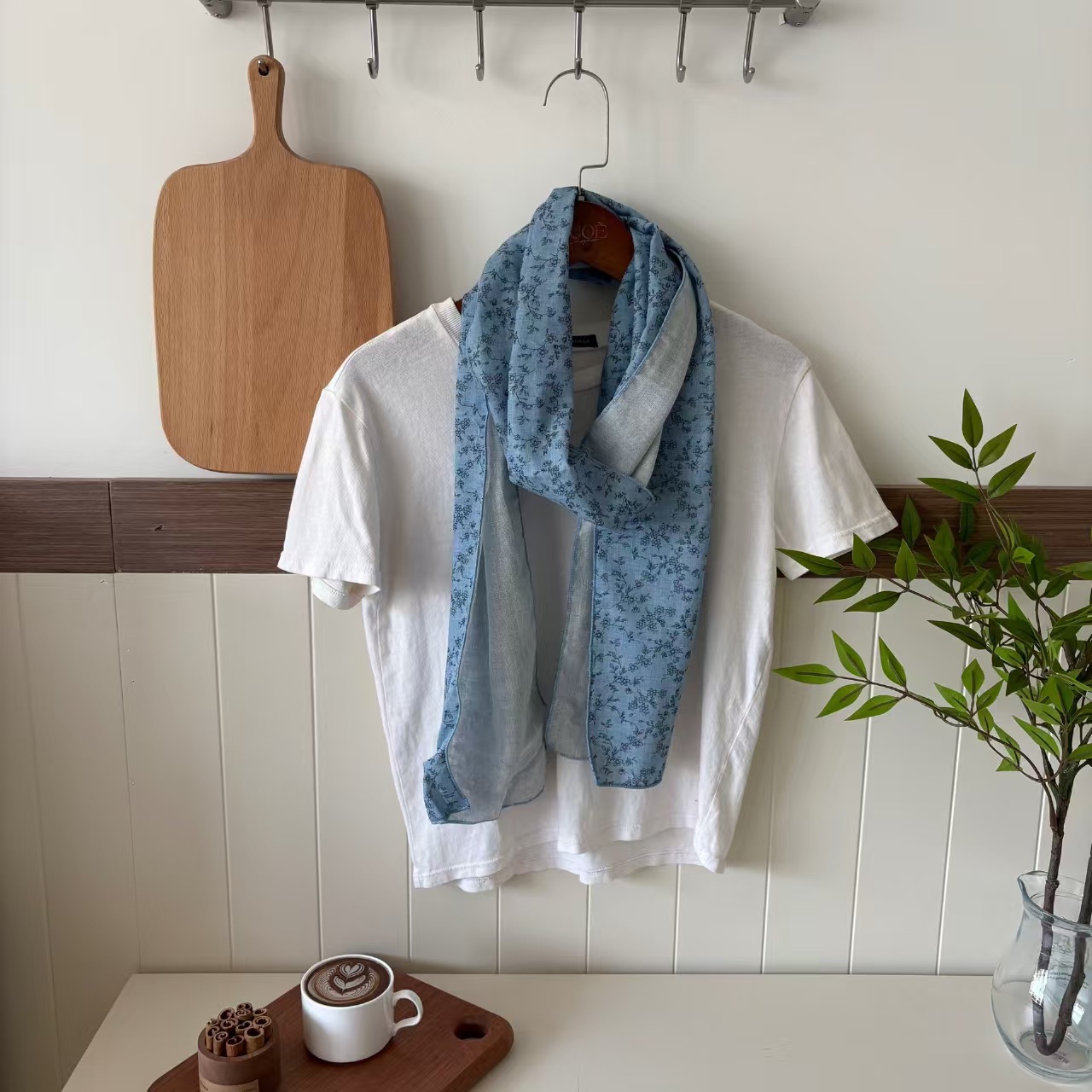 T734 Spring and Autumn all-match retro style small floral cotton and linen scarf simple temperament travel shawl shoulder neck Korean version female