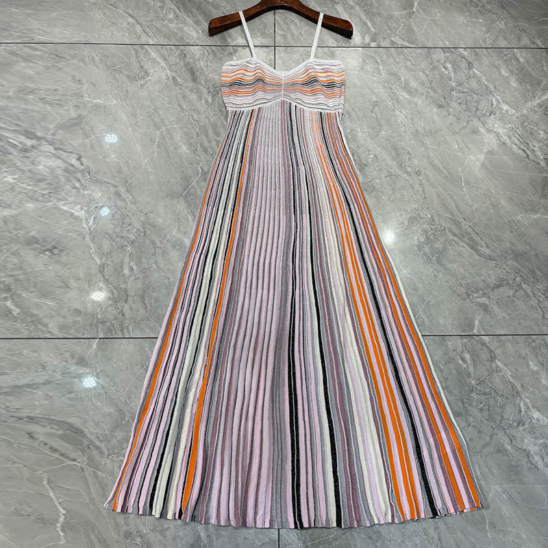 Summer Women's Gradient Striped Camisole Dress Two Colors Elegant Waist-Defining Sleeveless Maxi Gown New Arrival Fashion Classic Luxury Clothes 