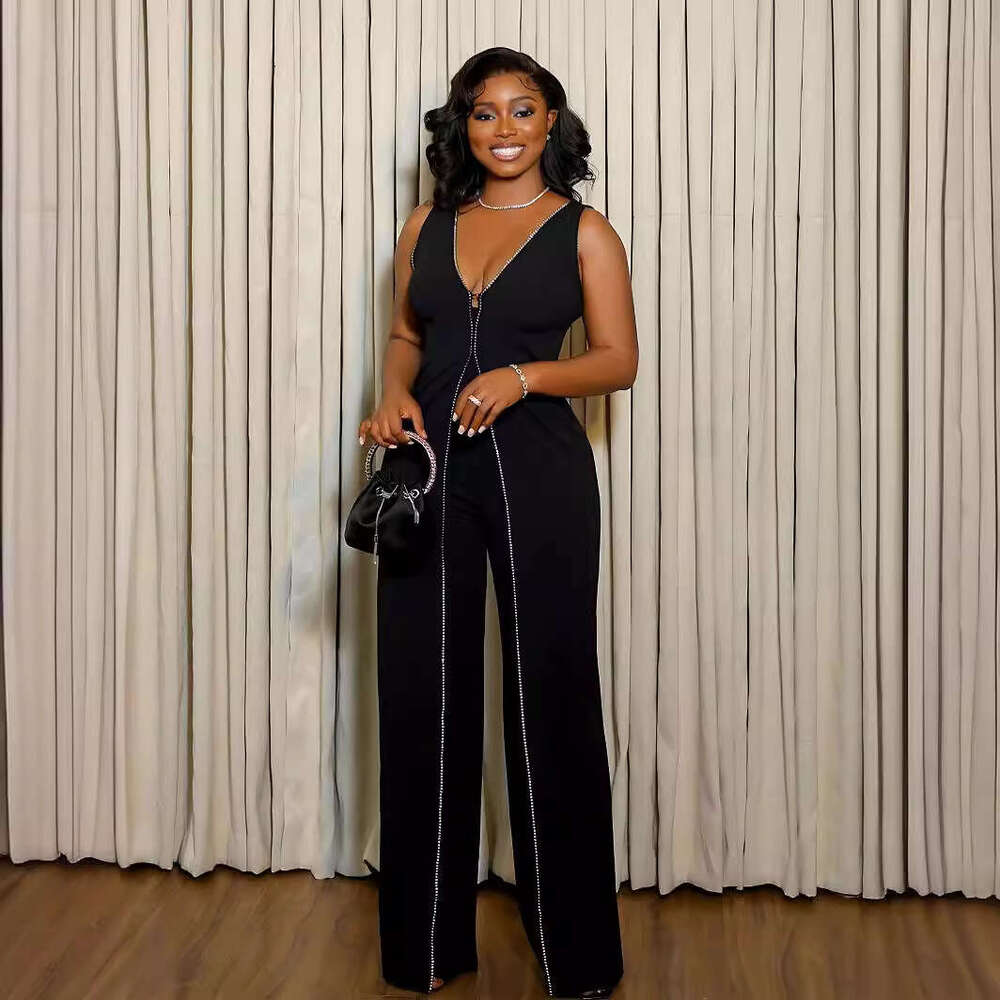 Wide Leg Jumpsuit V Collar Sleeveless Jumpsuit With A Stylish Women S Style Featuring Patchwork And Personalized Design Straight Leg Pants