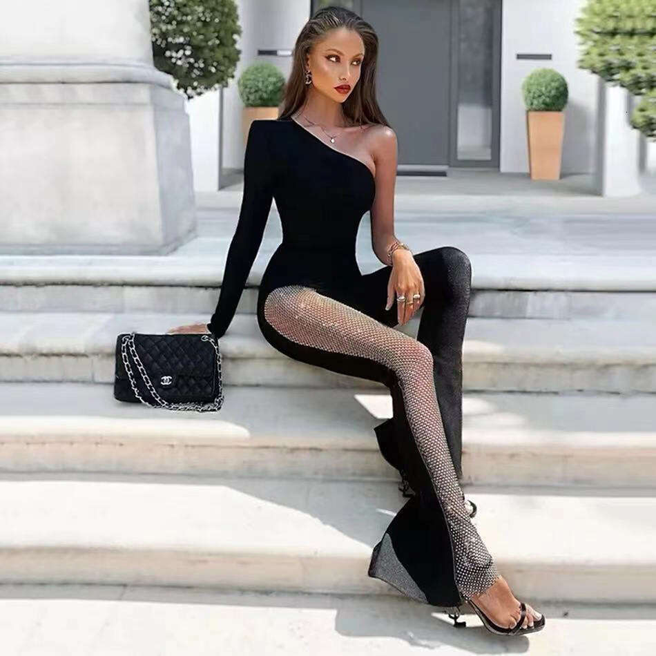 Wide Leg Jumpsuit Fashion Women S Single Sleeve Grid Bellbottom Pants With Temperament Bandage And Jumpsuit
