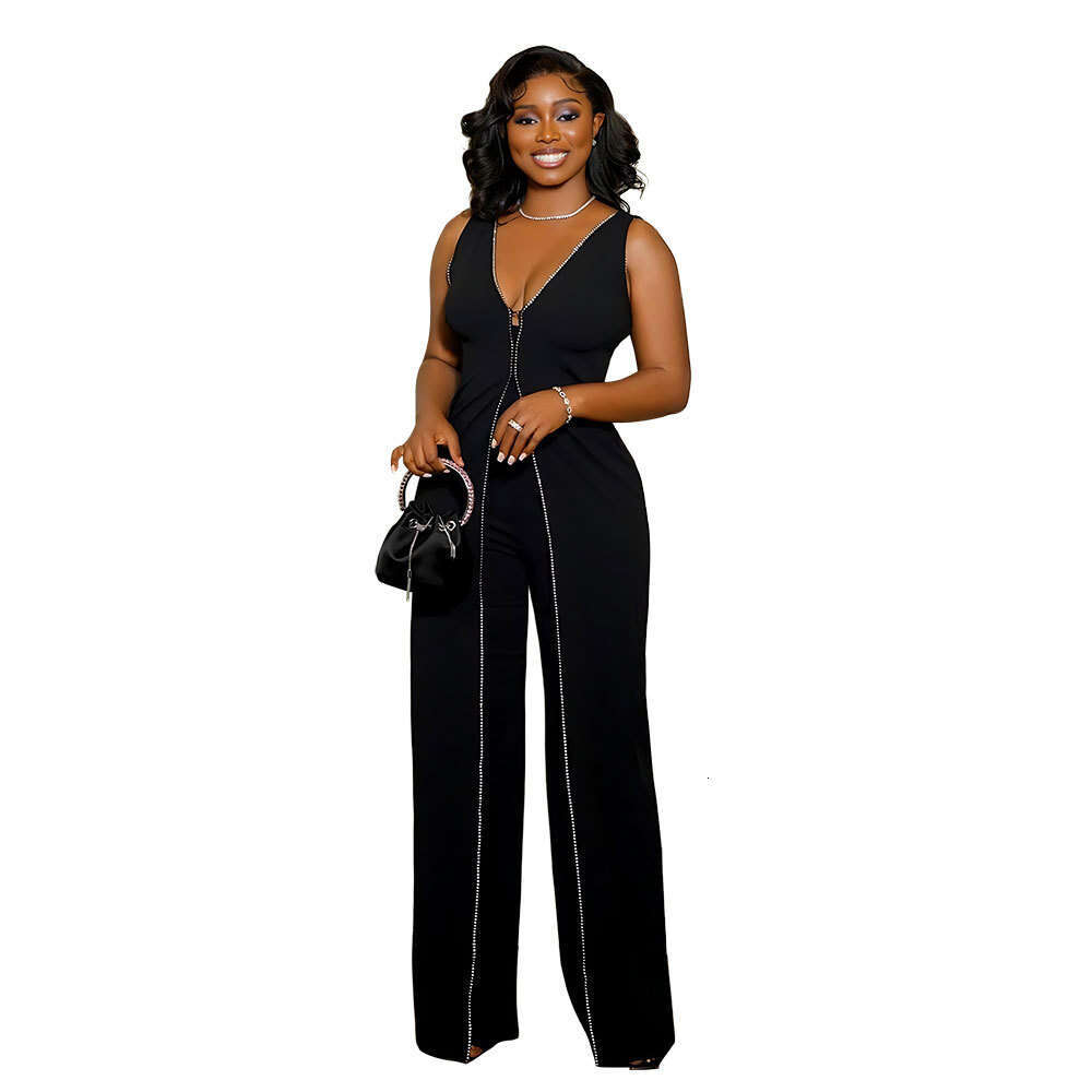 Wide Leg Jumpsuit V Collar Sleeveless Jumpsuit With A Stylish Women S Style Featuring Patchwork And Personalized Design Straight Leg Pants