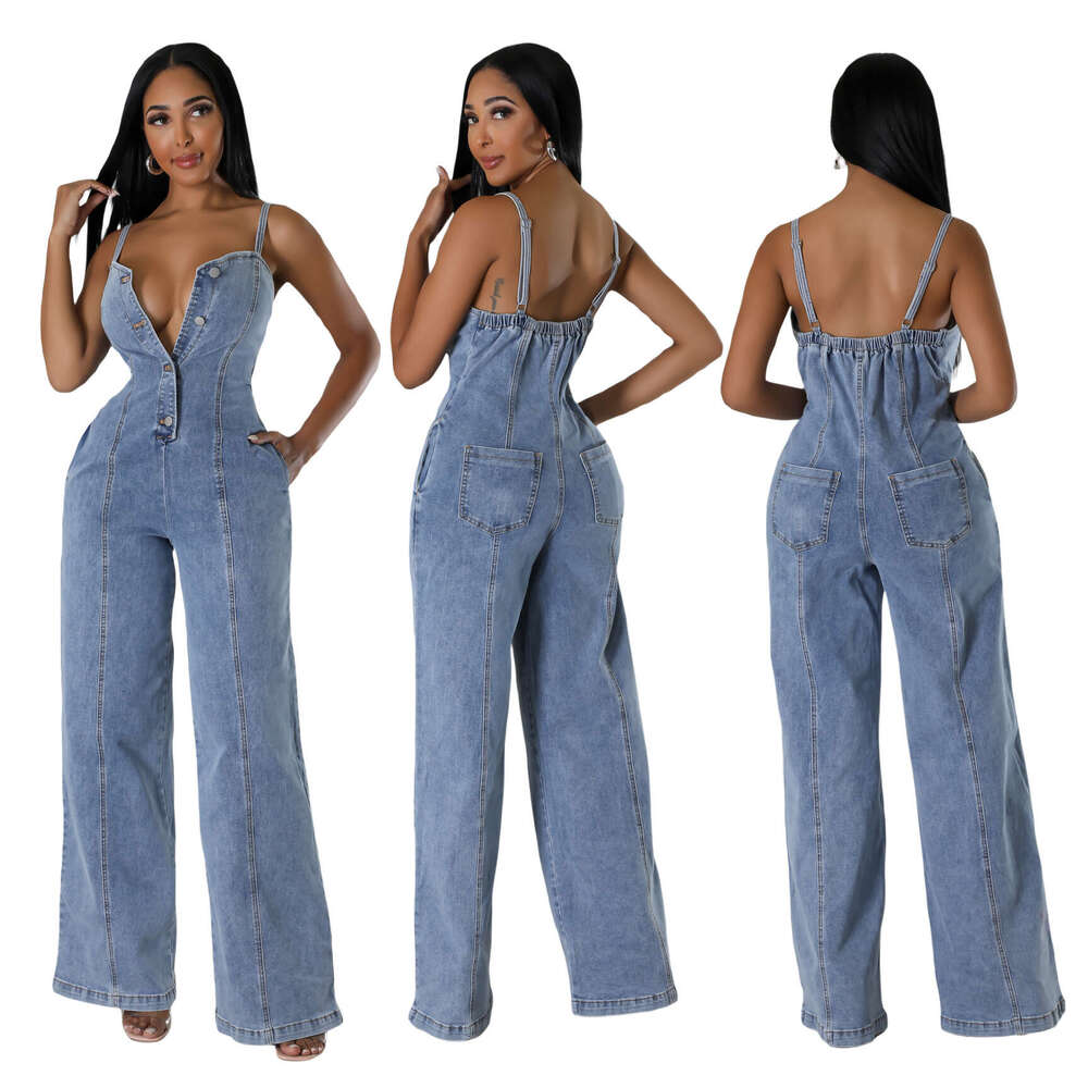 6988 platform women's fashion casual sexy suspender denim jumpsuit wide leg pants