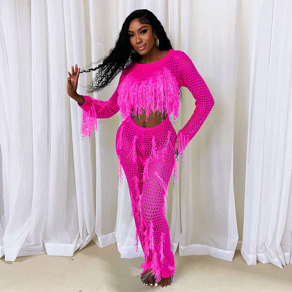 Wide Leg Jumpsuit New Women S Sexy Faux Mink Fur Handmade Tassel Knitted Hollow Out One Piece Jumpsuit