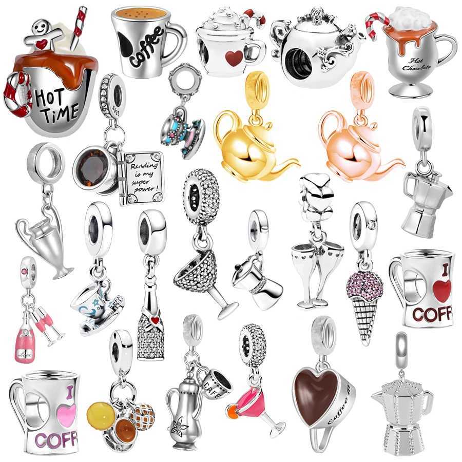 DIY Sparkling Wine Bottle Cooffe Pot Cream Dangle Charm Bead Fit Original 925 Sterling Silver Bracelet Fashion Jewelry GiftXJ250517