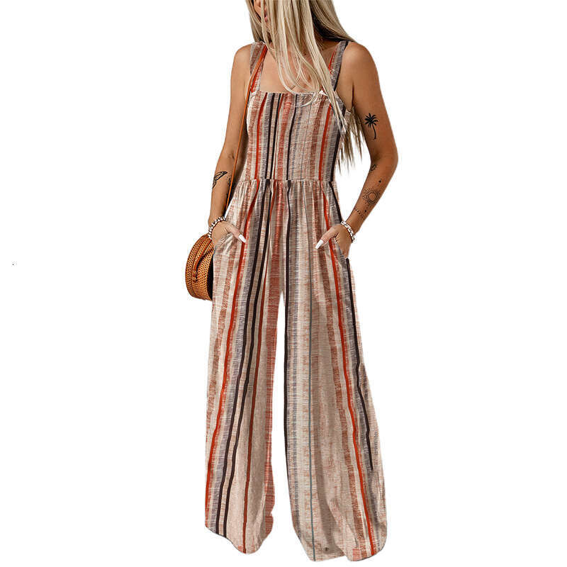Wide Leg Jumpsuit Summer New Striped Color Blocked Sleeveless Casual Loose High Waisted Wide Leg Jumpsuit For Women