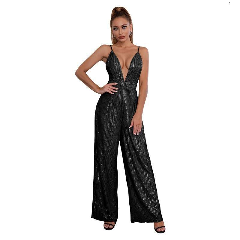 Wide Leg Jumpsuit Women S New Sequin Sleeveless Jumpsuit Spicy Girl Deep V Backless Suspender Jumpsuit For Women