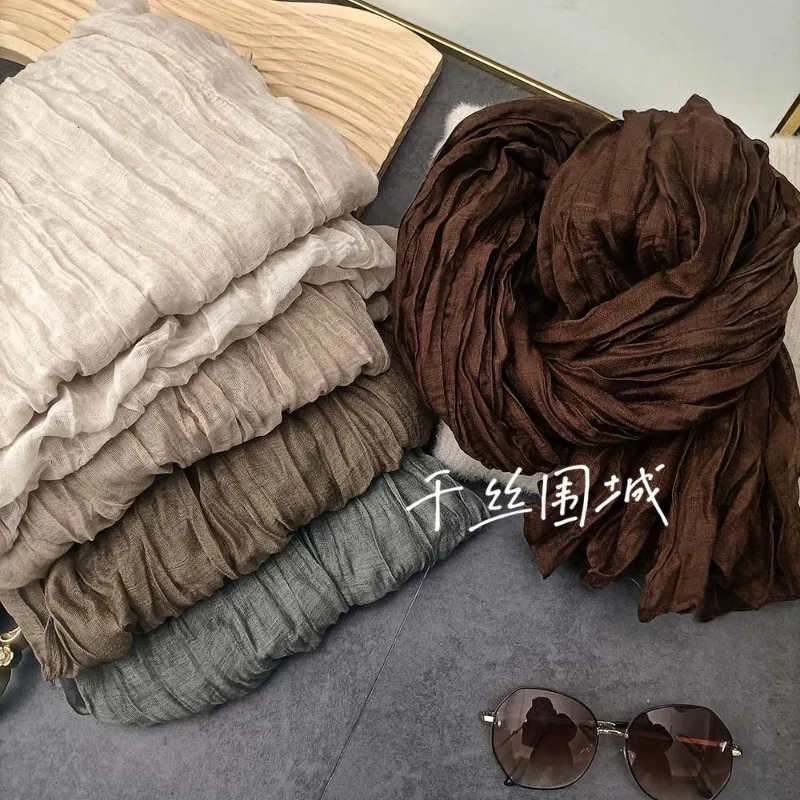 Solid Color Cotton Linen Hand Feel Scarf Retro Autumn Winter Pleated Green Thin Strip Shawl Mens Womens Thermal Silk 250517