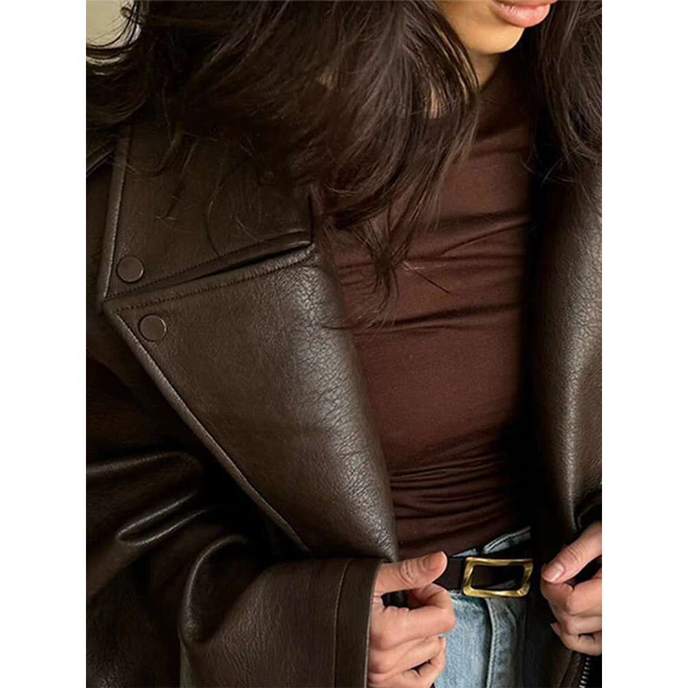 With Belt Leather Jacket Coat Lace Up Waist Cinched Suit Collar Slimming Zipper Biker Jackets Outwear Women Overcoat Streetwear