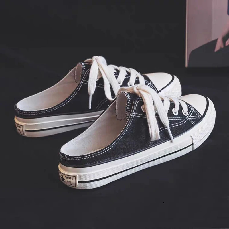 Women Canvas Flat Shoes Half slipper Autumn Fashionable Lace Up Low Cut Women Round Toe Black White Canvas Casual Shoes 250515