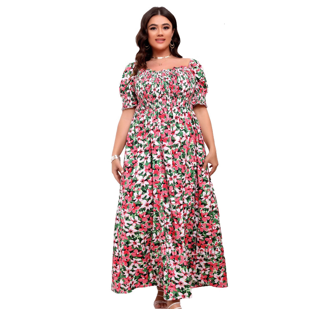 Large Size Womens Summer Floral One Shoulder Cinched Waist Slimming Dress