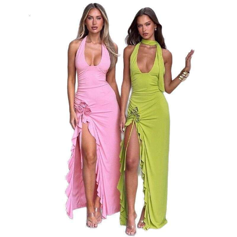 Wide Leg Jumpsuit Women S New Floral Decoration Sexy Solid Color Slim Fit High Waist Hanging Neck Strap Backless Dress For Women