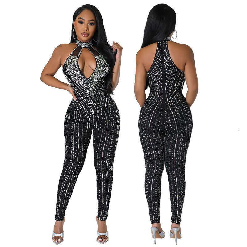 Wide Leg Jumpsuit Women S Sexy Tight Fitting Summer New Hollow Out Hot Stamping Sleeveless Jumpsuit