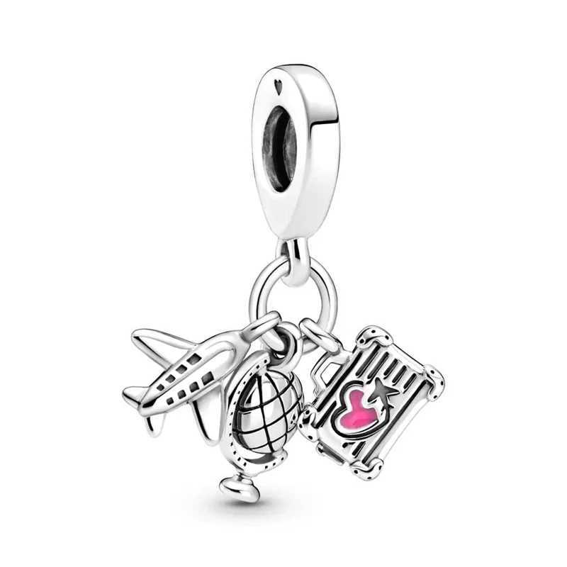Hot Fit Original Silver 925 Pan Bracelet Pendant Aircraft Camera Trunk Globe Travel Round The World Beads DIY Charm Jewelry GiftXJ250517