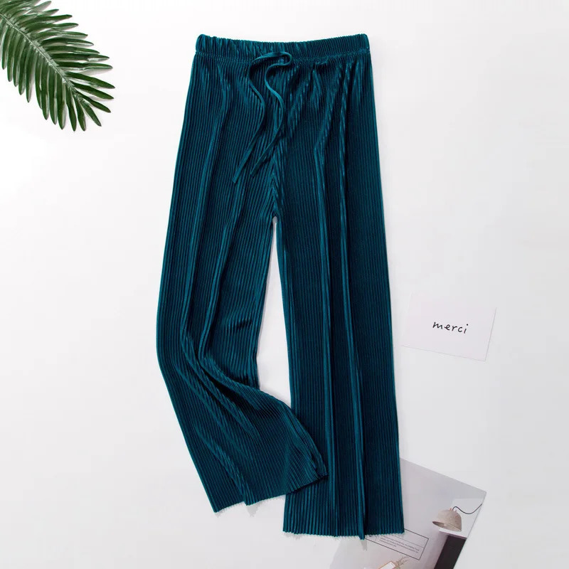 Women Fashion Summer Wide Leg Pants Pleated Ice Silk Trousers Elastic Waist Loose Casual Pant 250517