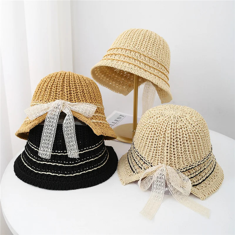 Summer Hats Women Straw Hat Lace knot fisherman cap Bucket Hat Anti-UV Sunscreen Hat Folding Hollow Visor Cap Gift Sun Hat 250516