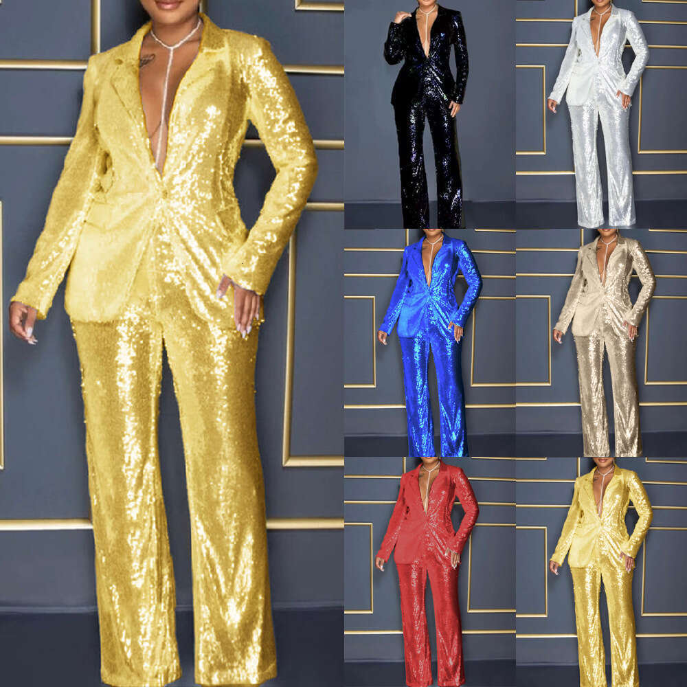 Wide Leg Jumpsuit Summer New Women S Long Sleeved V Neck Sequined Jumpsuit Two Piece Set