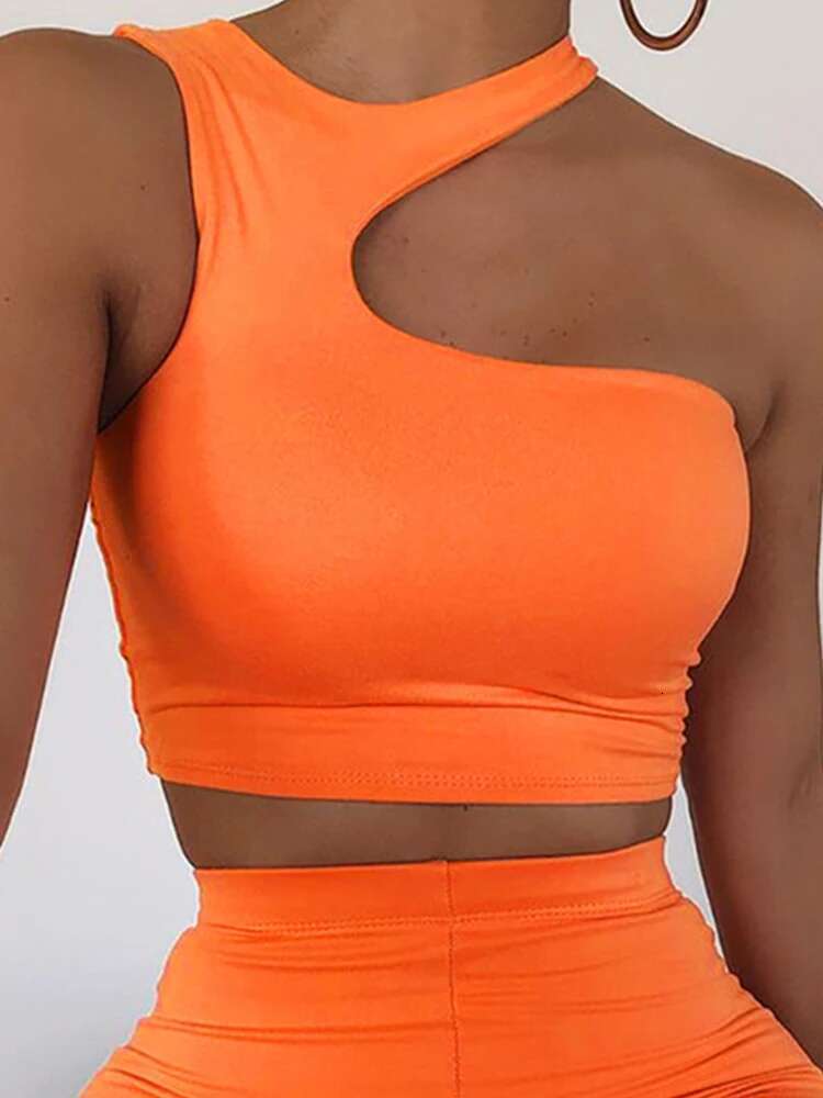 Cut Out Sexy Crop Off Shoulder Solid Skinny Sport Short Women Tank Irregular Summer Tube Tops