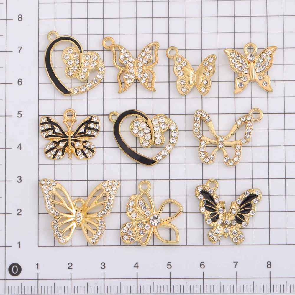 10Pcs/Lot Mixed Style Delicate Alloy Rhinestone Butterfly Pendant Gold Plated For DIY Earrings Necklace Jewelry Making CharmsXJ250517