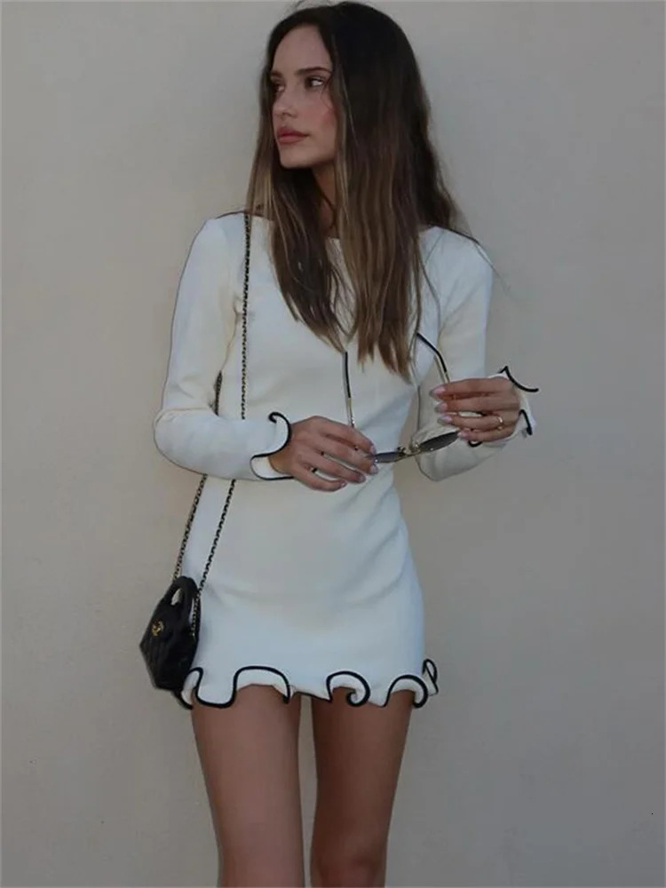 Ruffled Autumn Fashion Mini Dress Womens Slim Long Sleeve Patchwork Elegant Party Dress Casual Female Mini Dress 250517