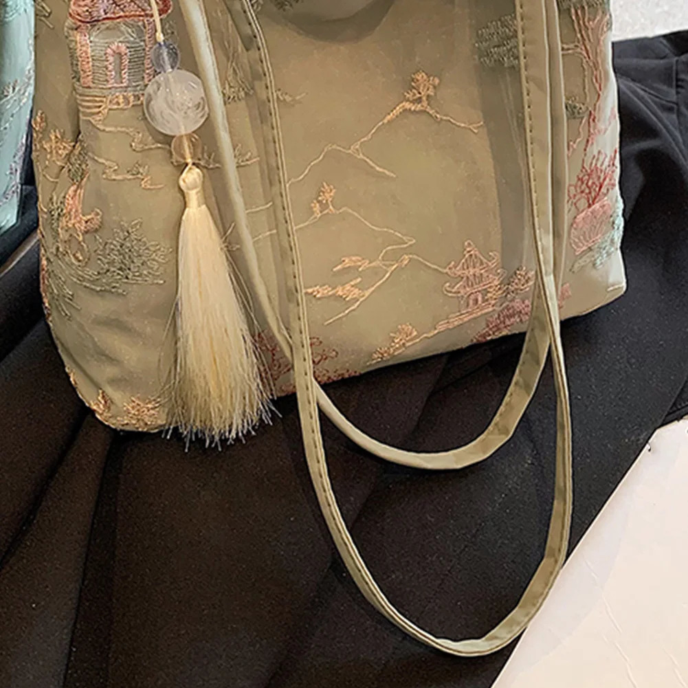 Women Ancient Style Shoulder Bag Large Capacity Simple Carrying Bag with Tassel Pendant Chinese Style Tote Bag Shopping Bag 250516