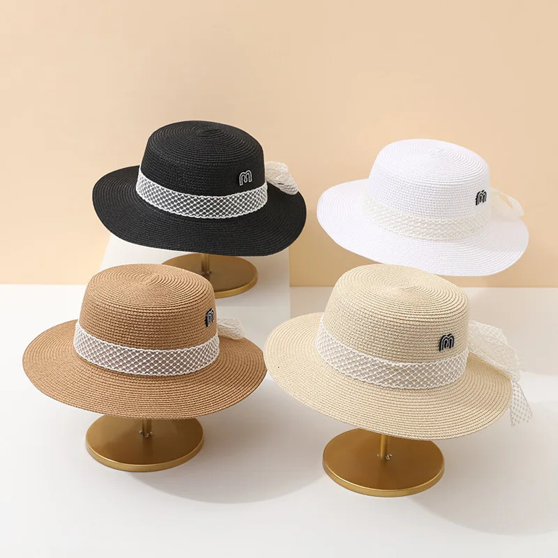 Womens Summer Pearl Embellished Black Straw Hat Spring Casual Fashion Plaid Visor with Strap Sun Protection Elegant Hat 250516