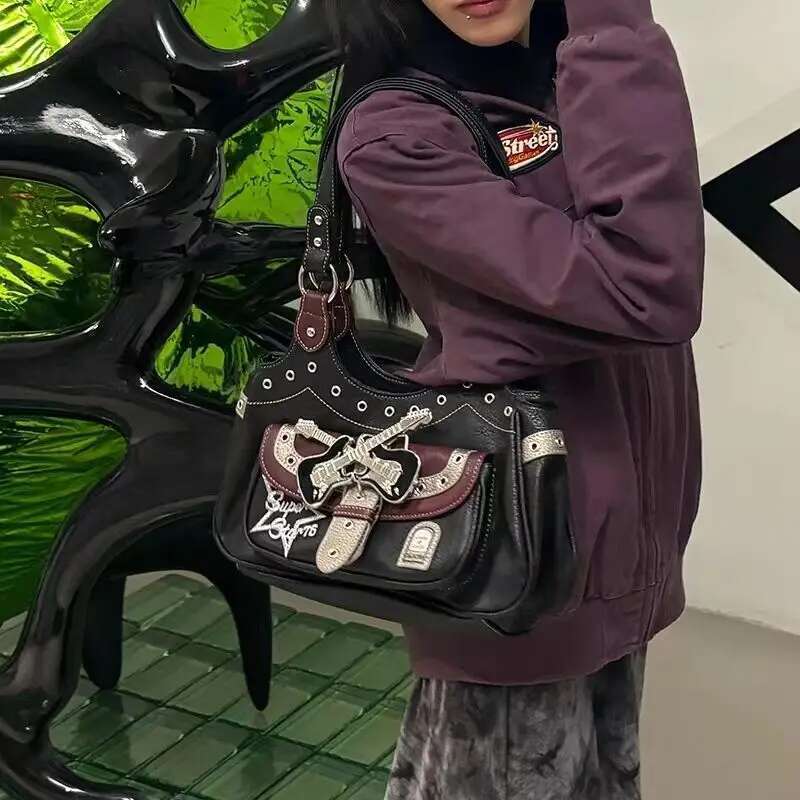 Gothic Punk Y2k One Shoulder Tote Haruku Aesthetic Leather Patchwork Casual Handbag Female Vintage Black Bags